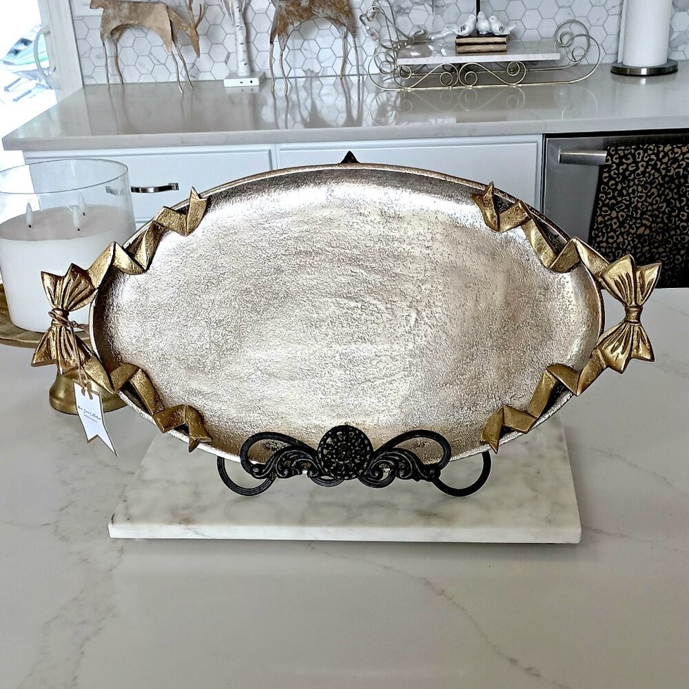 NEW! EXQUISITE CAST METAL RIBBONS BOWS TRAY PLATTER